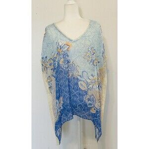 Chico's Women Sz L/XL Floral Linen Poncho Boho Lace Trim Art to Wear Timeless